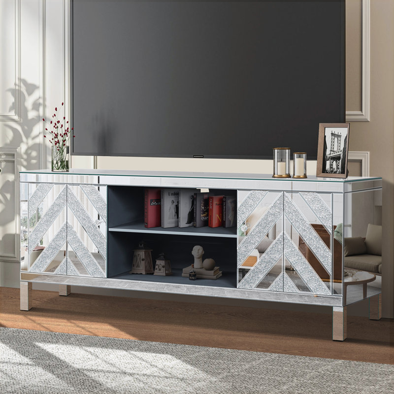 Mirrored TV Stand Mirror Doors with Open Storage and Storage Cabinets